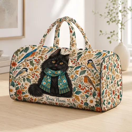 Black Cat and Songbirds for Cozy Weekend Getaways and Nature-Loving Travelers Quilted Weekend Bag
