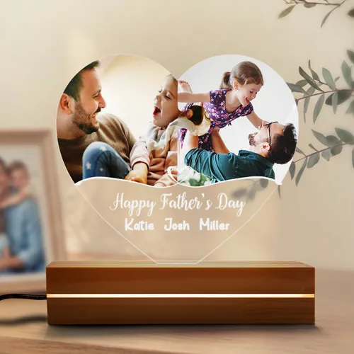 Personalized Puzzle Heart Photo Acrylic Night Light – Custom 2 Photo LED Lamp with Kids Names for Dad, Christmas Gift