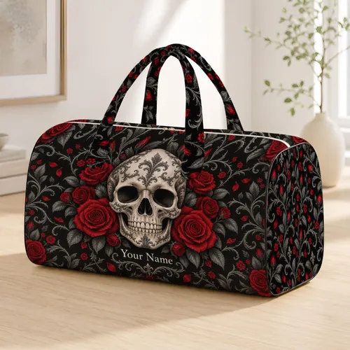 Gothic Skull And Crimson Roses For Edgy Travel, Fitness, And Weekend Getaway Style Quilted Weekend Bag