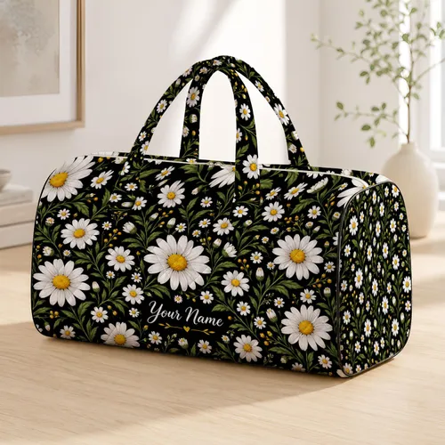 White Daisy Blooms for Weekend Getaways and Yoga Sessions, Women's Floral Travel Style Quilted Weekend Bag