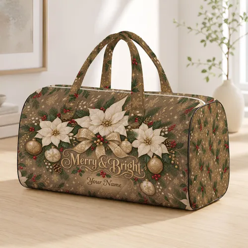 Golden Poinsettias and Baubles for Festive Holiday Getaways and Christmas Celebrations Quilted Weekend Bag