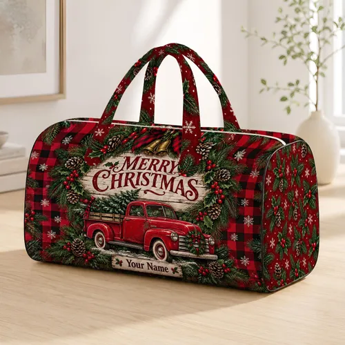 Red Vintage Christmas Truck and Evergreen Wreath for Cozy Country Holiday Celebrations Quilted Weekend Bag