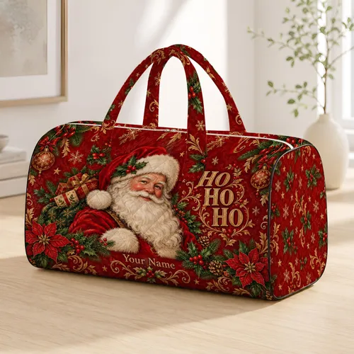 Vintage Santa Claus with Holly and Gifts for Cozy Christmas Holiday Travel Celebrations Quilted Weekend Bag