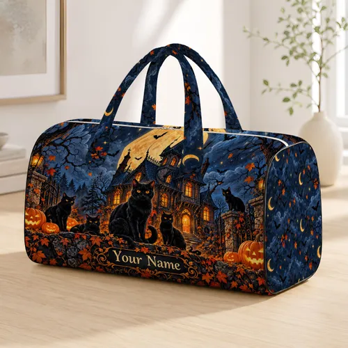 Haunted House Black Cats and Bats for Halloween Nighttime Adventures Quilted Weekend Bag