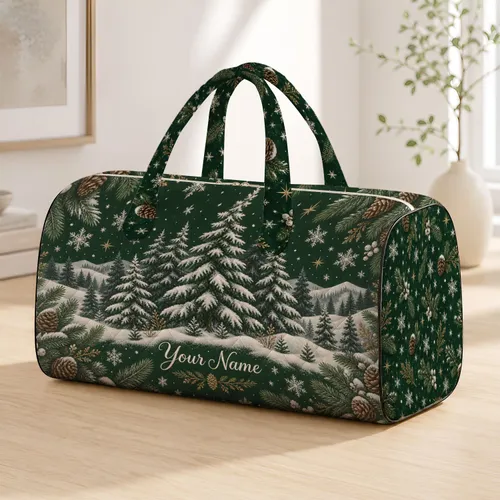 Snowy Evergreen Forest and Pinecones for Cozy Winter Holiday Travel and Cabin Escapes Quilted Weekend Bag