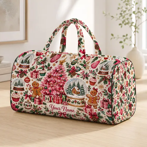 Pink Christmas Trees and Gingerbread Cheer for Festive Winter Getaways and Holiday Travel Quilted Weekend Bag