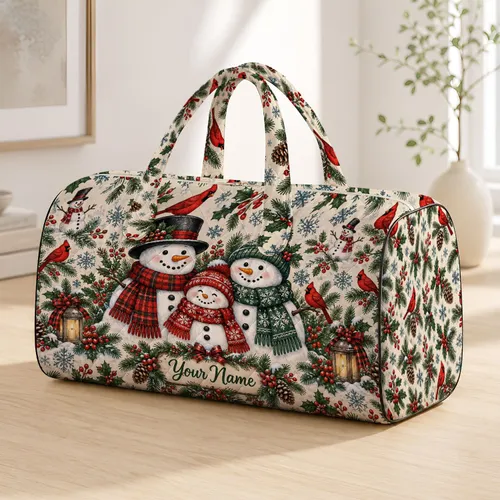 Snowmen and Cardinal Birds for Cozy Christmas Getaways and Winter Holiday Travel Quilted Weekend Bag
