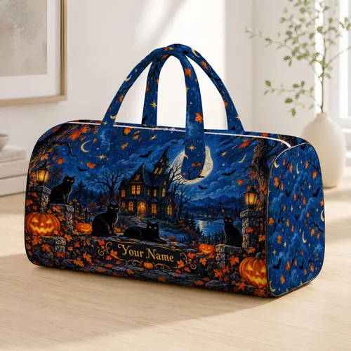 Haunted House Black Cats Under Moonlight For Halloween Getaways And Autumn Travel Lovers Quilted Weekend Bag