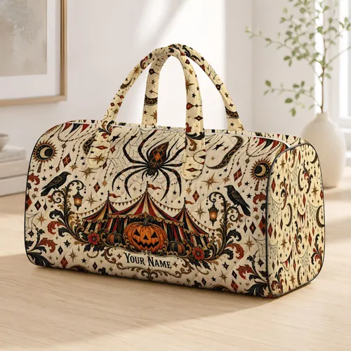 Vintage Halloween Circus Spider And Pumpkin For Spooky Autumn Getaways And Travel Days Quilted Weekend Bag