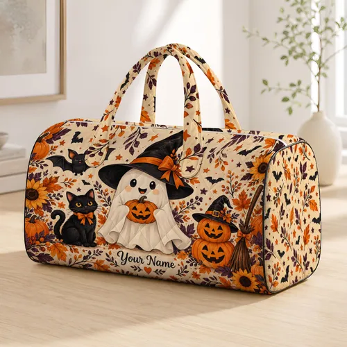 Halloween Ghost, Black Cat and Pumpkin Magic for Cozy Autumn Night Adventures Quilted Weekend Bag