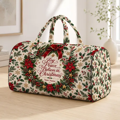 Christmas Holly Wreath With Joy And Peace For Festive Winter Getaways And Holiday Travel Quilted Weekend Bag