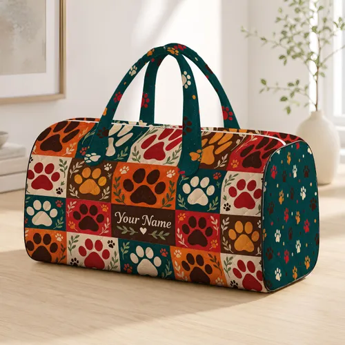 Vintage Paw Print Color Blocks for Cozy Weekend Getaways and Daily Travel Quilted Weekend Bag