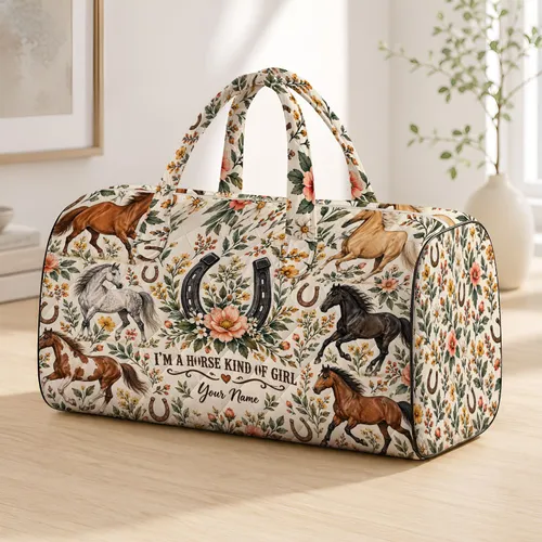 Watercolor Horse Herd and Horseshoe Blooms for Equestrian Getaways and Farm Days Quilted Weekend Bag
