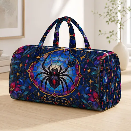 Stained Glass Spiderweb with Jewel-Tone Spider for Bold Weekend Getaways and Nature Lovers Quilted Weekend Bag