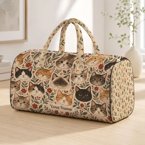 Vintage Cat Faces in Warm Tones for Cozy Weekend Getaways and Everyday Travel Lovers Quilted Weekend Bag