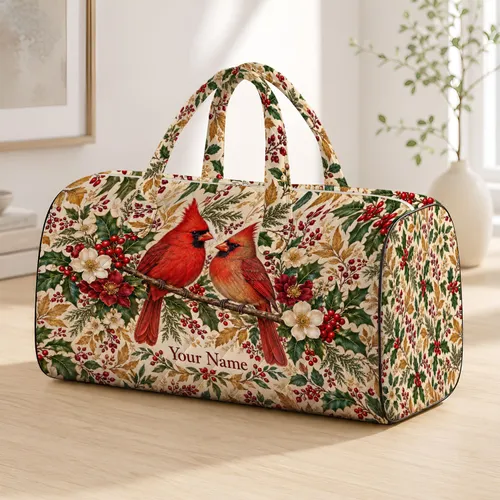 Northern Cardinal Pair With Holly for Cozy Autumn Getaways and Nature-Loving Travelers Quilted Weekend Bag