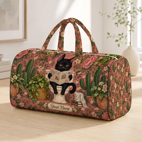 Black Cat Reading a Newspaper Among Cacti for Whimsical Everyday Escapes Quilted Weekend Bag