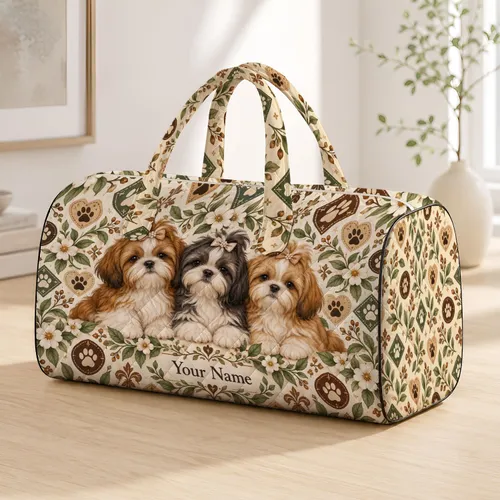 Three Shih Tzu Puppies Paw Prints for Cozy Getaways and Dog Lover Travel Quilted Weekend Bag