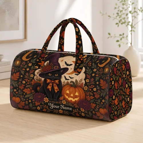 Halloween Black Cat, Pumpkin and Moon for Autumn Getaways and Spooky Season Quilted Weekend Bag