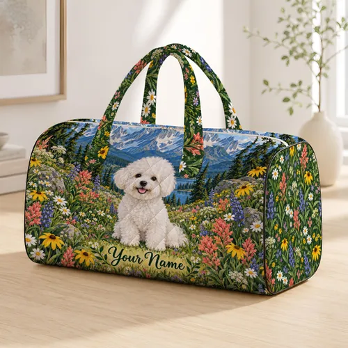 Fluffy Bichon Frise Mountain Wildflowers for Scenic Weekend Getaways Quilted Weekend Bag