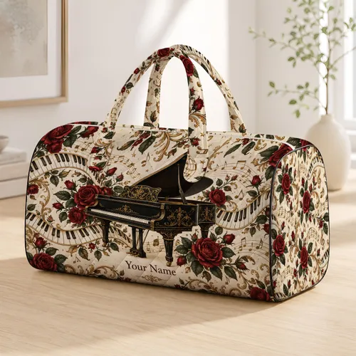 Vintage Grand Piano and Red Roses for Classical Music Lovers and Weekend Getaways Quilted Weekend Bag
