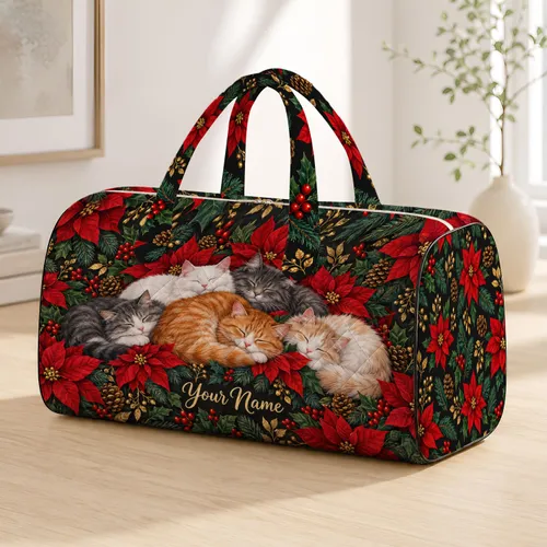 Christmas Cats And Poinsettias For Cozy Holiday Travel And Festive Winter Getaways Quilted Weekend Bag