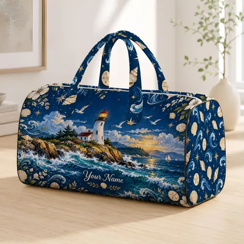 Lighthouse and Coastal Waves for Seaside Getaways and Summer Beach Travel Enthusiasts Quilted Weekend Bag