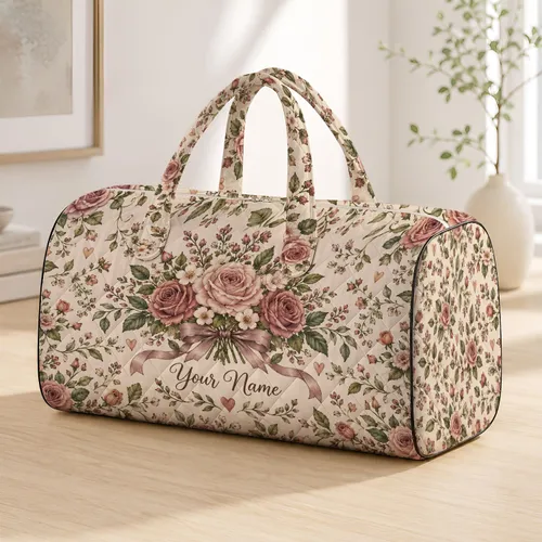 Dusty Rose Floral Heart Keepsake for Sister Birthday and Family Travel Gifts Quilted Weekend Bag