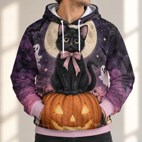 Black Cat Pumpkin Moon Halloween Night Scene for Spooky Autumn Gatherings and Cozy Evenings All-over Print Hoodie (Lightweight)
