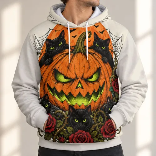 Menacing Pumpkin, Black Cats & Red Roses for Halloween Parties and Autumn Nights All-over Print Hoodie (Lightweight)