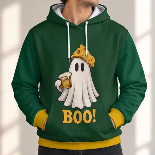 Cheese Hat Ghost with Beer Mug for Halloween Game Day Fun All-over Print Hoodie (Lightweight)