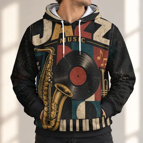 Vintage Jazz Collage With Saxophone And Vinyl For Live Music Fans And Nightlife All-over Print Hoodie (Lightweight)