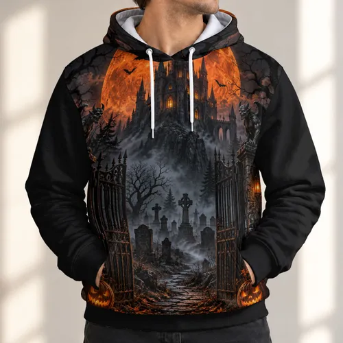 Haunted Castle Graveyard Moon Halloween Scene for Autumn Nights and Spooky Parties All-over Print Hoodie (Lightweight)