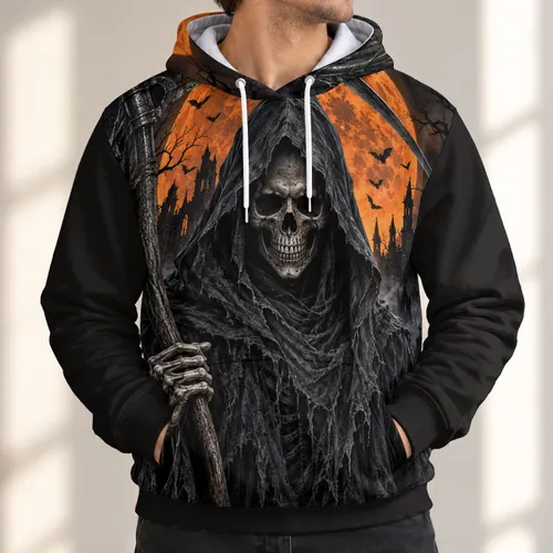 Cloaked Reaper with Scythe Under Orange Moon for Halloween Night and Gothic Fall Wear All-over Print Hoodie (Lightweight)