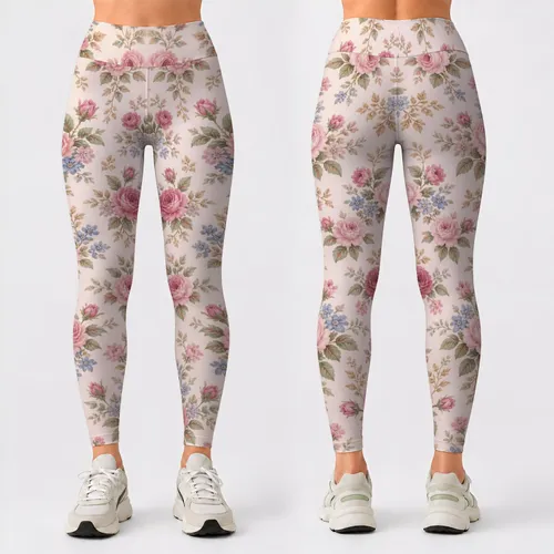 Vintage Rose And Blue Blossom Florals For Yoga, Pilates, And Everyday Wear Leggings