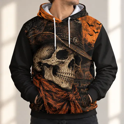 Cowboy Skull, Raven and Pumpkin Halloween Scene for Autumn Night Celebrations All-over Print Hoodie (Lightweight)