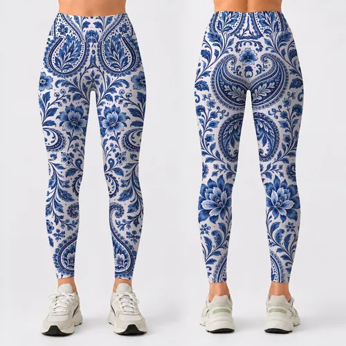 Indigo Blue Paisley Motifs for Yoga Pilates and Everyday Active Living Leggings