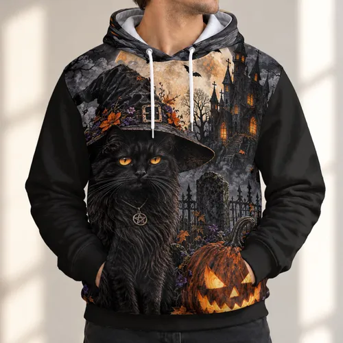 Black Cat Witch Hat and Pumpkin for Halloween Night and Autumn Celebrations All-over Print Hoodie (Lightweight)