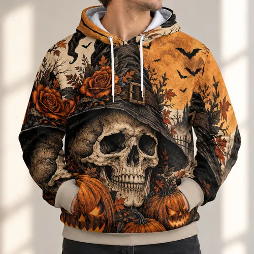 Skull Witch Hat and Pumpkin Moonlit Graveyard for Halloween Night Celebrations, Spooky All-over Print Hoodie (Lightweight)