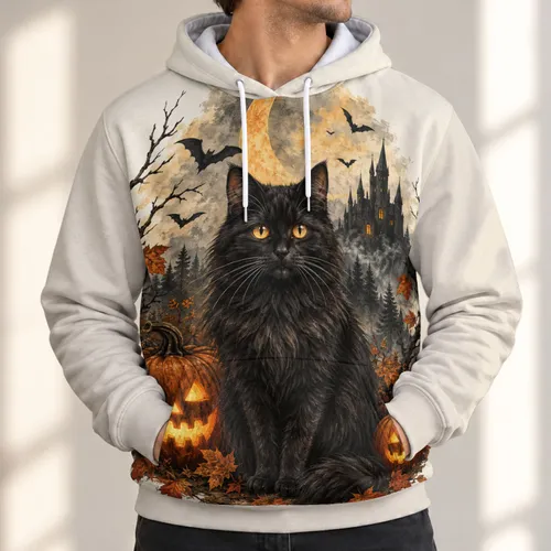 Black Cat, Moon And Jack-O’-Lanterns For Cozy Halloween Nights And Autumn Gatherings All-over Print Hoodie (Lightweight)