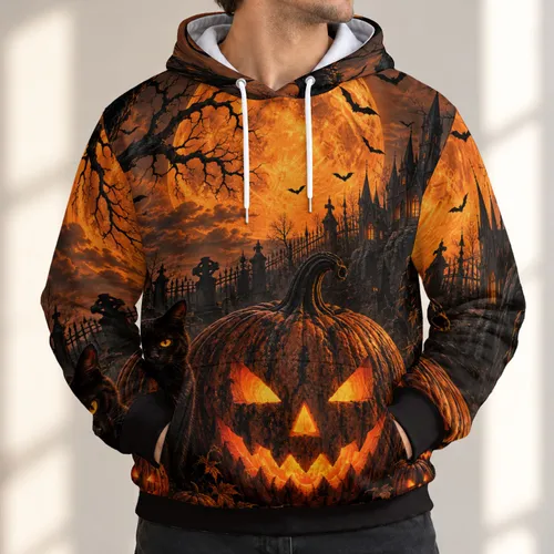 Halloween Pumpkin Moonlit Graveyard Scene for Autumn Parties and Gothic Night Out All-over Print Hoodie (Lightweight)