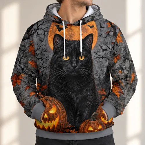 Black Cat And Pumpkin Full Moon Scene For Halloween Parties And Autumn Nights All-over Print Hoodie (Lightweight)