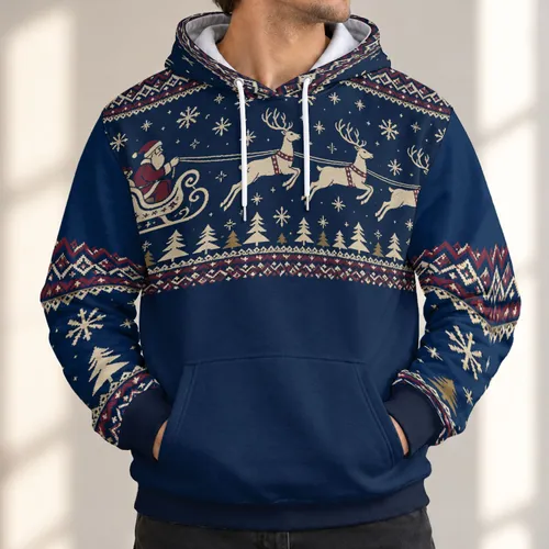 Santa Sleigh, Reindeer, Snowflakes and Pine Trees for Cozy Christmas Celebrations All-over Print Hoodie (Lightweight)