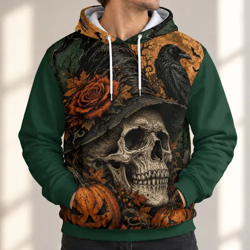 Witch Hat Skull, Raven and Pumpkins for Gothic Halloween Night Celebrations All-over Print Hoodie (Lightweight)