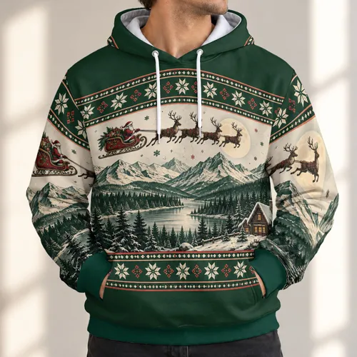 Santa Sleigh and Reindeer Over Snowy Cabin for Cozy Christmas Holiday Gatherings All-over Print Hoodie (Lightweight)
