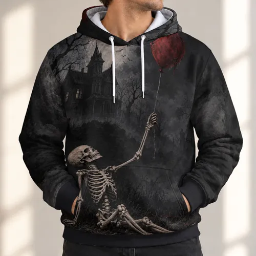 Seated Skeleton With Red Balloon for Spooky Halloween Night Gatherings All-over Print Hoodie (Lightweight)