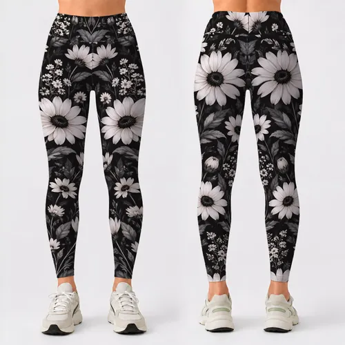 Black And White Daisy Blooms for Yoga Pilates and Everyday Casual Style for Women Leggings