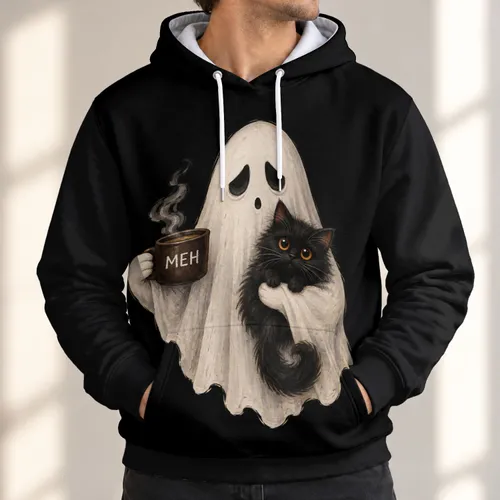 Ghost Hugging Black Cat with Coffee Mug for Cozy Halloween Nights and Fall Gatherings All-over Print Hoodie (Lightweight)