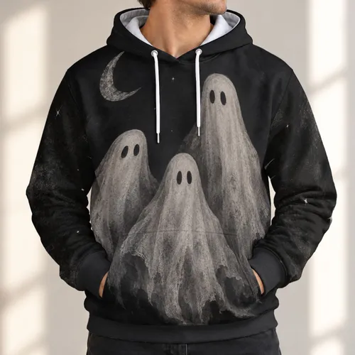 Three Ghosts Beneath a Crescent Moon for Halloween Nights and Cozy Autumn Evenings All-over Print Hoodie (Lightweight)