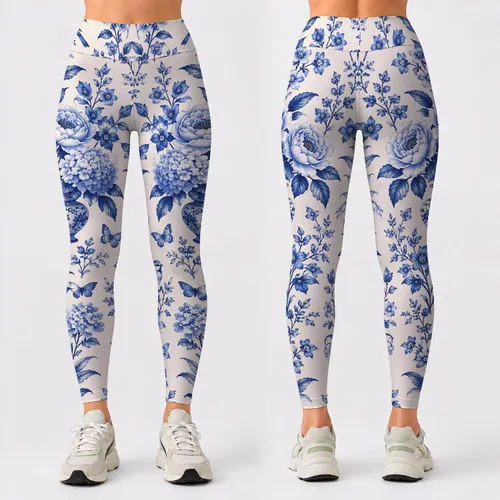 Blue Delft Botanical Florals for Yoga, Pilates, and Everyday Outings Leggings